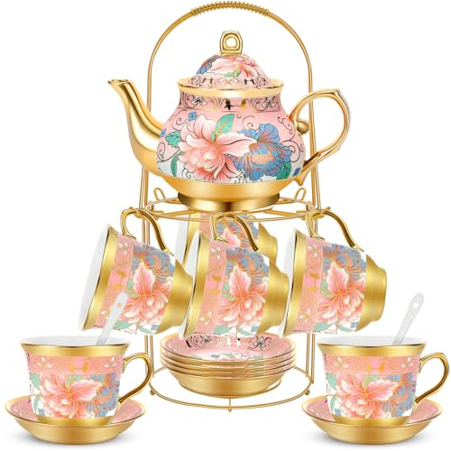 Gandeer 20 Pcs Porcelain Tea Set for Adults with Metal Holder and Spoon European Ceramic Tea Party Set Flower Painting Teapot Cup Saucer for Women Gift, Serving 6 People(Fresh)