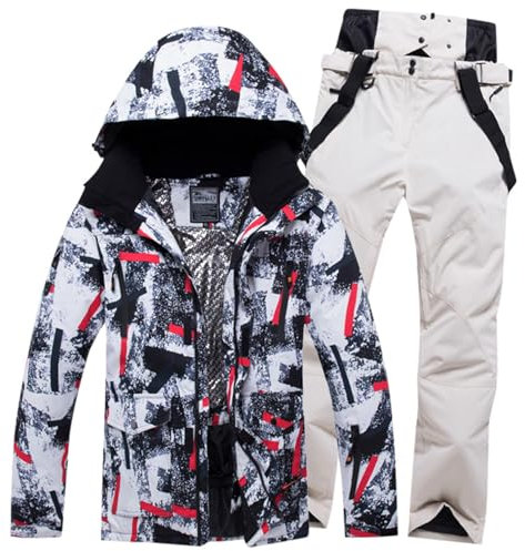 Skijacken Hosen Set Winddicht Schneeanzug Männer Sportlich 2-Teilig Wander Herren Warmer Winter Komfort Hosenanzüge Lässig Jogginganzug Bunt Bedruck Hoher Qualität Trainingsanzug (Beige, XXXXL)