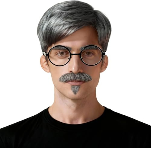 oeeo 7 Stück Opa Kostüm Set, Opa Perücke Grau, Alter Mann Kostümzubehör, Großvater Perücke, künstlicher Bart, Augenbrauen, Brille, Cosplay Zubehör für Halloween, Karneval, Party
