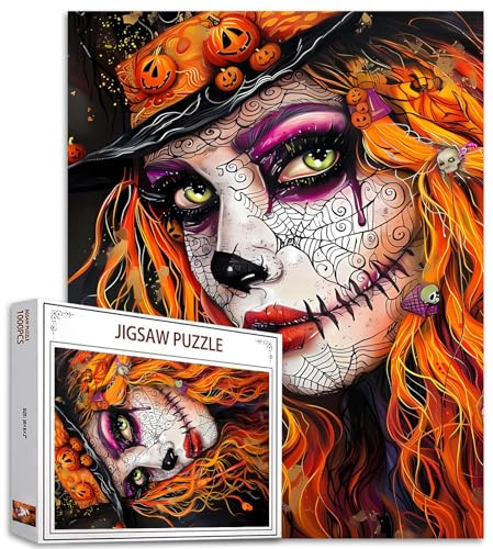 Tucocoo Halloween-Puzzle für Mädchen, 1000 Teile, Puzzles für Erwachsene, Spinnennetz, gruseliges Gesicht, Portrait-Kunst-Puzzles für anspruchsvolle Familienaktivitäten, buntes DIY-Puzzle für