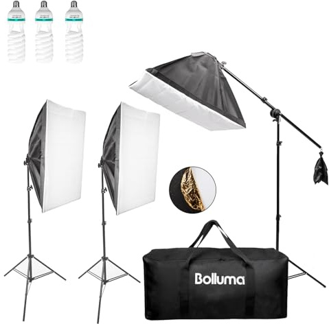 BOLLUMA Softbox-Beleuchtungsset, 3er-Pack CFL-Glühbirnen mit 135 W, 78,7 Zoll Lichtstativ mit Auslegerarm, 5-in-1-Reflektor und Tragetasche für Dauerlichtset für Fotostudio-Videoporträts