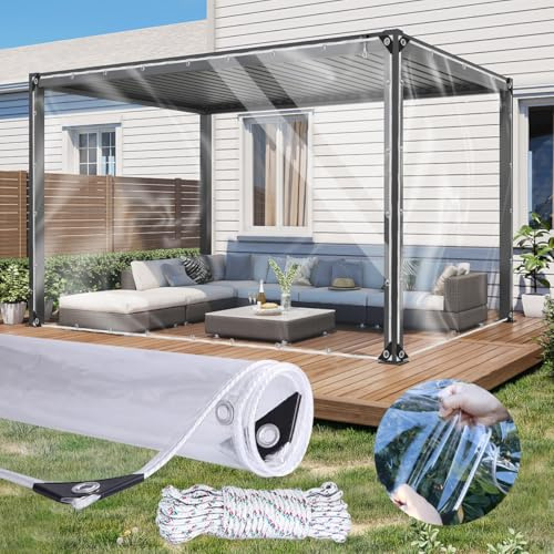 Plane Transparent mit Ösen 0,30mm Eva wasserdichte für Außenbereich 2x5M Abdeckplane Durchsichtig Wetterfeste Reißfest Terassenplane für Garten, Veranda, Pavillon, Gewächshaus, Balkon