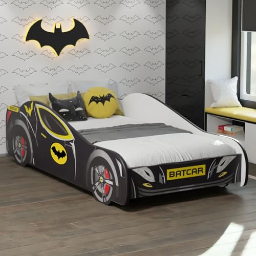 Kids Collective Autobett 70x140 cm Kinderbett Jugendbett mit Rausfallschutz | Kinder Spielbett Batman Batmobil Bat Car Auto Bett in schwarz optional mit Matratze | von Geburt bis 6. Lebensjahr