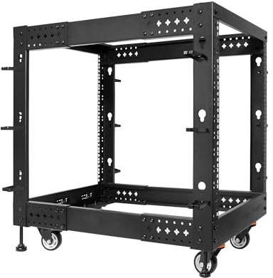 RIVECO 12U Server-Rack, verstellbare Tiefe, Netzwerk mit 4 Pfosten, offener Rahmen mit Nivellierfüßen und Rädern, vollständig Nieten, 635 kg
