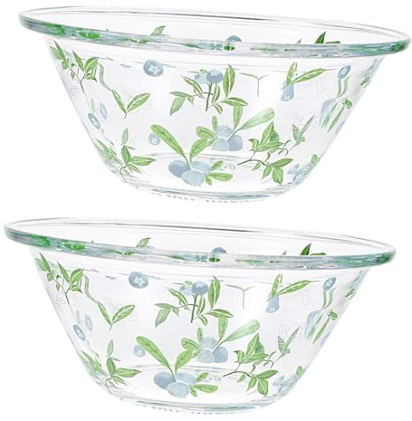 CONGARTENO Heat-Resistant Thickened Glass Salad Bowl Set Fruit Pattern 2-Piece Kitchen Serving Bowls for Noodles Salads and Breakfast
