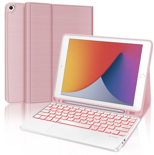 WINCHKING Trackpad Teclado para iPad 9/8/7 Generación 10.2/Air 3/Pro 10.5” | Iluminación de 7 Colores, Magnético Bluetooth Teclado Funda para iPad 10.2 2021/2020/2019, QWERTY Español Ñ, Rosa