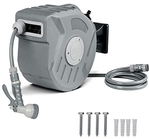 Retractable Garden Hose Reel with 20M + 2M Hosepipe, 9 in 1 Spray Nozzle Wall Mounted Garden Hoses, Air Hose Reel Automatic Rewind Lockable 180° Swivel Bracket