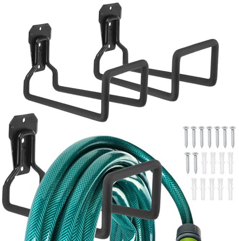 M METERXITY 3-Pack Garden Hose Holder Wall Mount, Metal Water Pipe Hanger Reel W 9 Screws for Outside Yard/Garage, Water Hoses Storage Expandable Tube Rack Hooks [Black]