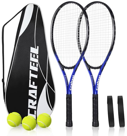27 Tennis Rackets Set of 2, Family Beginner 27 Inch Tennis Racket Set for Outdoor Recreational Sport Game (Blue)