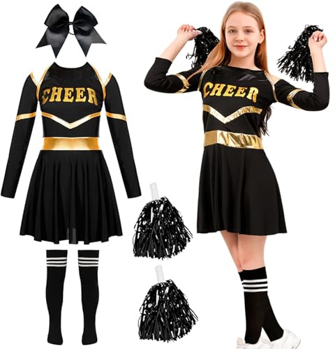 DUOLAM Cheerleader Kostüm Mädchen Kinder: Karneval Cheer Leader Uniform Outfits, Cheerleading Kleid mit Pompoms Socken für Karneval Halloween Faschings Kostüme Dress Up Fasching Party (160)