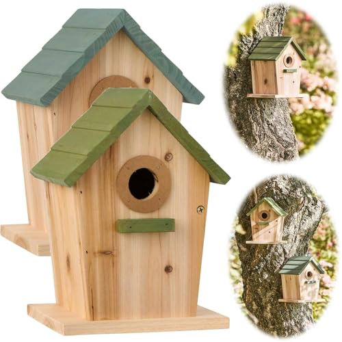 LS-LebenStil Vintage Holz Vogelhaus Rømø Grün 22cm Brutkasten Nistkasten Vogelhäuschen Meisenkasten mit Reinigungsklappe Blaumeisen und Kohlmeisen - Meisennistkästen zum Aufhängen