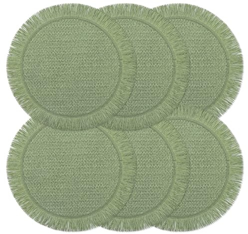 fanquare Platzsets aus grünem Papier Set mit 6 runden geflochtenen Tischsets mit Tissel Farmhouse rustikale hitzebeständige Platzsets für die Essdekoration 38cm