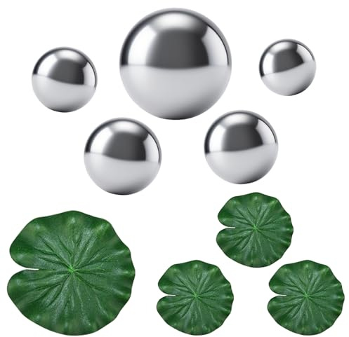 inkihuit Juego de bolas de natación de acero inoxidable con 4 hojas de loto, decoración reflectante de agua para estanques de terraza, mini estanques y fuentes de jardín