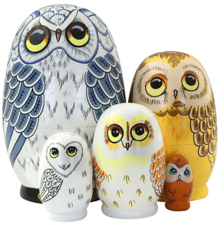 Boerni Set of 5 Egg Shape Owl Nesting Doll Cute Vivid Animal Owl Wooden Russian Matryoshka Dolls Stacking Toy Figurines for Kids Easter Father's Day Christmas Educational Birthday Home Decoration
