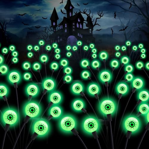 Halloween Décor Lampes Solaire Exterieure Jardin 6 LED Lumières Solaires Vert Effrayantes Globe Oculaire Étanch IP65 Guirlande Lumineuse Solaire Lumières pour Chemin, Cour, Jardin, Pelouse, Fête