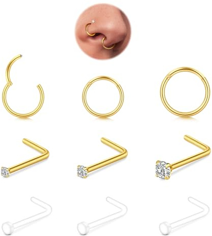 LAURITAMI 9 Stück 316L Nasenpiercing Ring Gold Silber, 20G Chirurgenstahl & Transparent Nasenpiercing Stecker Nasenring 6mm 8mm 10mm Tragus Knorpel Ohrringe Lippen Nase Septum Piercing Schmuck