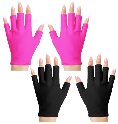 2 pares de guantes UV para lámpara de uñas de gel, guantes de protección UV UPF sin dedos para manicura, arte de uñas, actividades al aire libre, negro y rosa