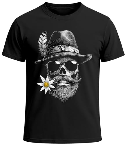 MoonWorks® Herren T-Shirt für das Oktoberfest Skull mit Trachtenhut & Edelweiß Fun-Shirt Trachtenshirt Bierfest Saufen Outfit