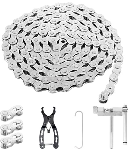 Chaîne de vélo 6/7/8 vitesses, 1/2 x 3/32 116 maillons - Kit outils vélo avec dérive-chaîne, pince et 3 maillons rapides pour VTT