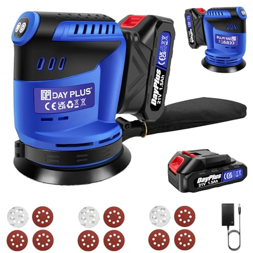 Cordless Random Orbital Sander, 21V Electric Circular Sander with Dust Collection System,1.5Ah Battery, Sandpapers, 125MM Hand Palm Sanders for Wood, Metal, Wall, 3Variable Speed Sanding Machine, Blue