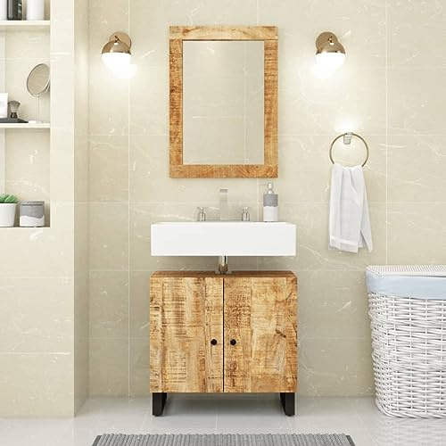 IBUQDDV Mobile Lavabo Bagno in Legno Massello Mango con 2 Scomparti, Struttura Ferro Stabile, Finitura Naturale, Design Moderno per Arredamento, Mobile per Lavello Bagno con Ampio