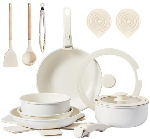 Bonnlo 19Pcs Pots and Pans Set Non Stick, Saucepan Set, Induction Hob Pot Set Non Toxic, Cookware Set with Lid, Detachable Handle, RV Cookware, PFAS PFOA & PFOS Free - Beige