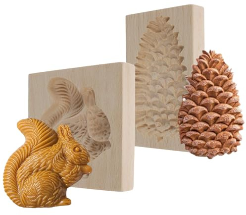 Keksausstecher aus Holz - 2 Stück Lustige Holzausstecher - Stempelform 3D Eichhörnchen und Tannenzapfen für Anfänger Ostern Weihnachten Dessert Party Ferienhaus