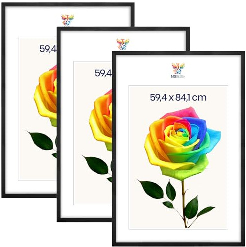 MG Design 3er Set Bilderrahmen A1 59,4 x 84,1 cm – Posterrahmen mit Schwarz Echtholzrahmen und bruchsicherem Acrylglas, Hoch & Quer mit stabiler Wandaufhängung