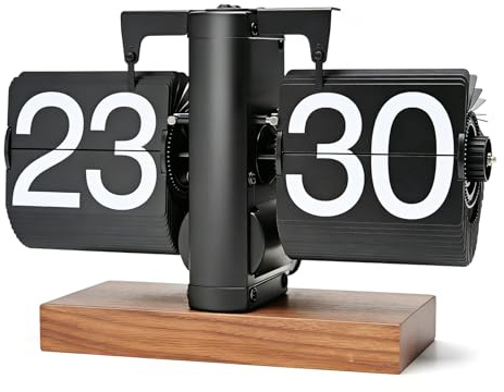 Frdhee Tischuhr Vintage Retro Flip Uhr, Schwarz Retro-Flip-Down-Uhr Mit GroßEn Ziffern & Holzunterlage, 24 Stunden Tischuhr Digital Mit Batterie Betrieb FüR Wohnzimmer, Arbeitszimmer Und BüRo