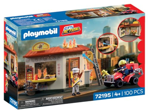 PLAYMOBIL | City Action | Feuerwehr‑Quad mit Burger‑Bude | Kompaktes Einsatz‑Quad mit Wasserspritze, brennender Imbiss & viel Zubehör | Für Kinder ab 4 Jahren | 72195