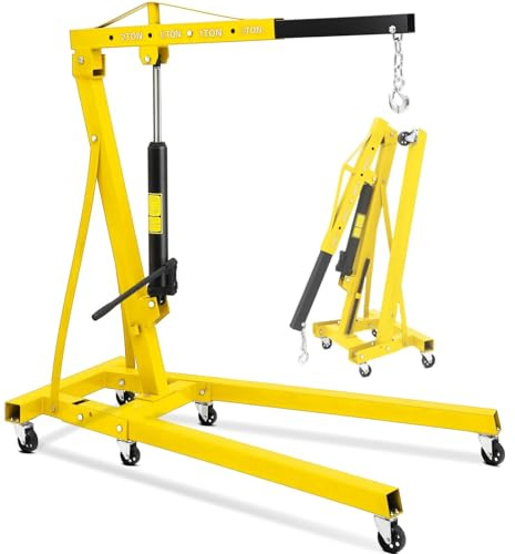 Garvee 2 Tonne Folding Engine Crane Hoist | Heavy Duty 2000kg Hydraulic Workshop Lift with 6 Swivel Wheels | 4-Position Adjustable Boom for Garage, Car & Truck Engine Repair - Yellow