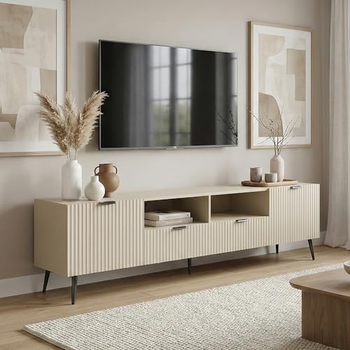 [en.casa] TV Schrank Nand Lowboard mit 2 Türen geriffelt Fernsehschrank mit 2 Schubladen 180 x 40 x 51 cm Sideboard Kommode Fernsehtisch Sandfarben
