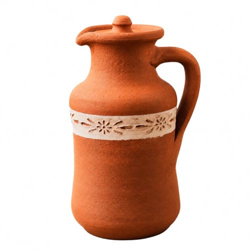 Handmade Natural Clay Terracotta Earthenware Earthen Mexican Water Pitcher Jug Pot with Lid for Drinking Drink Ayurveda Healthy Unglazed Pottery Style Indian Mud Kitchen Farmhouse Bottle Bohemian