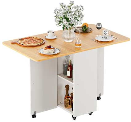 Ztexkee Mesa de Comedor Plegable Mesa de Cocina con Ruedas 1 Armario Grande y 1 Compartimento Abierto móvil Mesas Plegable para Espacios pequeños Comedor 120 x 70 x 78 cm Naranja y Blanco