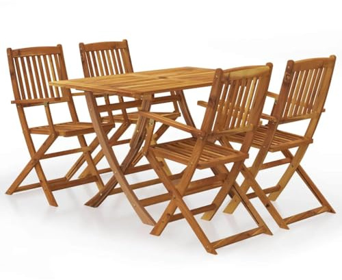 HFXHIJXQ 5-TLG. Gartenmöbel-Set aus Akazie klappbar 120 x 70 cm 4 Stühle Sonnenschirmloch wetterfestes Holz für Balkon Terrasse und kleine Outdoor-Sitzecke