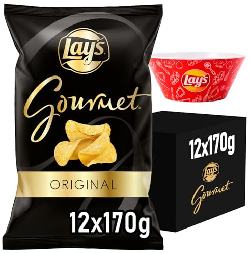 LAY’S Gourmet Patatas Fritas con Sal para Aperitivo Premium, Bolsas de 170 g, Pack de 12, Incluye Bowl de Regalo