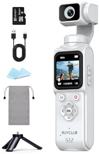 Ruycllo Caméra Vlog 4K, Caméra Action Stabilisée avec Gimbal – Stabilisation 2 Axes, Écran Tactile avec Carte 64Go, Suivi Facial/Objet, 200 Min d'enregistrement, Caméra Compacte pour Le Sport Le vlog