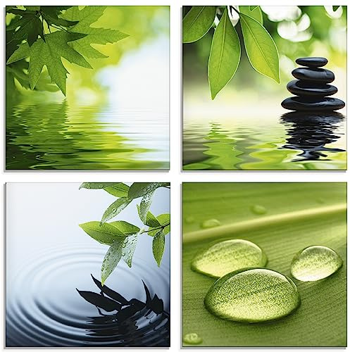 ARTland Wanddeko Glasbilder Wandbild Glas Bild 4er Set 4 teilig je Quadratisch Wellness Entspannung Zen Wasser Grün Blätter Stein Pyramide S6PI