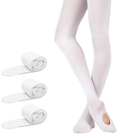 Bezioner Ballett Strumpfhose 3 Paar Cabrio Tanzstrumpfhose mit Fersenloch für Kinder Mädchen und Damen Weiß L (über 140cm)