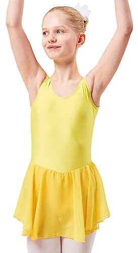 tanzmuster Kinder Ballettkleid Polly aus glänzendem Lycra mit breiten Trägern und Chiffon Röckchen in gelb, Größe:140/146