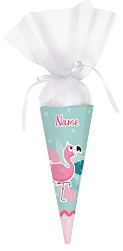 Striefchen® Schultüte mit angesagtem Flamingo Design und Namen Ihres Kindes - eckig, fertig gebastelt 28 cm