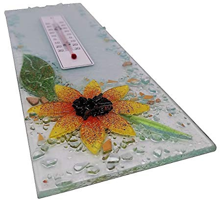 SOSPIRI VENEZIA Termometro Interni Esterni Temperatura Analogica da -30 a +50 °C Decoro Floreale Vetro Murano Decorato Foglia Oro Realizzato a Mano Made Italy cm 10X30 (Girasole)