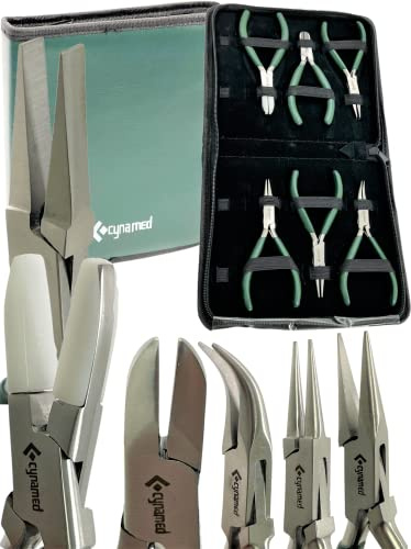 Premium Juwelierzangen-Set, Schmuck-Werkzeug-Set, Schmuckherstellungszange, Werkzeuge mit Spitzzange/Kettenzange, Rundzange, Nylon-Backenzange, Drahtschneider, gebogene Spitzzange mit Etui, 7-teilig