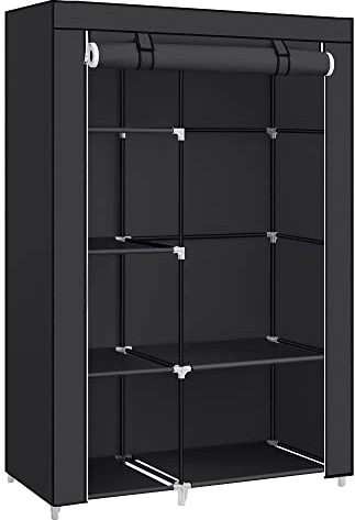 SONGMICS Garderob, med 1 klädstång, 6 hyllor, non-woven tyg, metallram, 45 x 105 x 168 cm, för sovrum, hall, svart RYG085B02