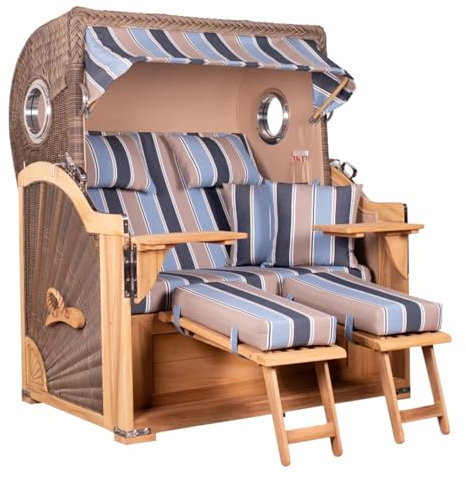 MR. DEKO Strandkorb Baltikum Teakholz XL Volllieger Strandstuhl PE Geflecht Grey Teak Bullauge anthrazit inkl. 4 Kissen - Wechselpolster - Strandkörbe Garten, Wintergarten, Terrasse (Dessin 580)