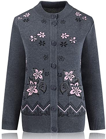 Gouekst Mutters Strickpullover Cardigan - Hook Flower Älterer Pullover Im Mittleren Alter Damen Strickjacken Mütter Langarm Top Oma Frühling Herbst Mantel,Grau,Einheitsgröße