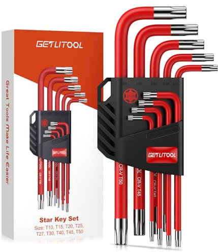 GETLITOOL Set 9PZ Chiavi Esagonali con Testa Stella T10-T50 9 Pezzi Chiave a Brugola Torx Braccio Lungo 9-16CM in Acciaio per Riparazione Bici Elettrodomestici - Rosso