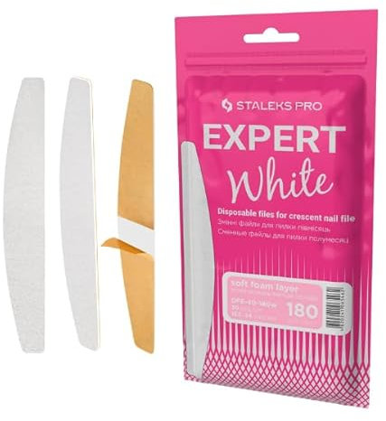 STALEKS PRO Lot de 30 limes à ongles avec base souple en mousse, adhésifs jetables blancs en forme de croissant - Expert 40 - Grain 180