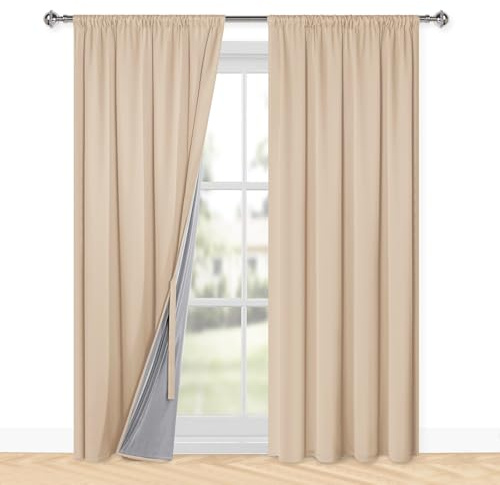XWZO 100% Blickdichte Vorhänge Wohnzimmer, Vorhänge mit Kräuselband, Gardinen Schlafzimmer, Doppellagige Dicke Verdunklungsvorhänge Thermovorhang Kälteschutz, 220x140 cm(HxB) Creme 2er Set