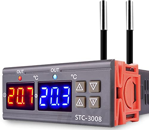 Greluma 1 Styck STC-3008 DC 12V temperaturtermostat regulator, digital temperaturregulator med dubbla displayer och dubbla NTC-sondsensor, värme- och kylläge